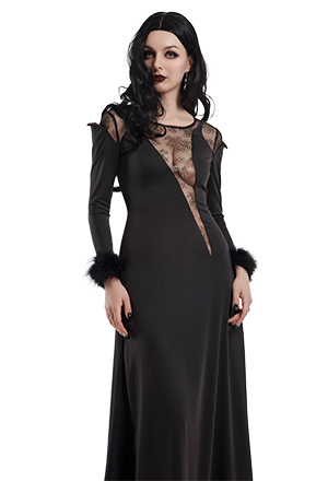 Nether Queen Gothic Crow Style Lace Sheer Long Elegant Halloween Dress