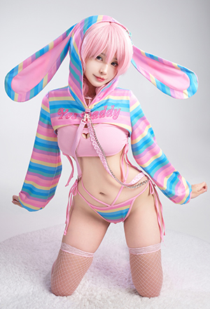 Rainbow Baby Rainbow Bunny Ear Long Sleeve Top and Vest Panty Sexy Lingerie Set with Fishnet Stockings and Chains
