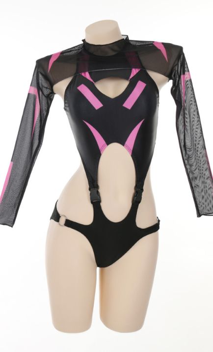 Cyber Attack Gothic Black Pink Cutout One-Piece Swimsuit with Shrug